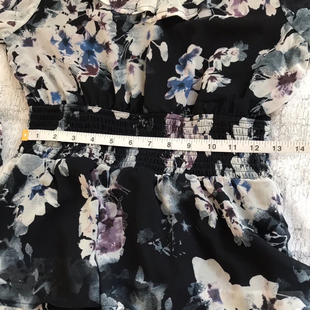 AKA Floral Mini Dress, Sapphire Blue Dress with Tiered Ruffles; Long Sleeve; XS - Picture 12 of 16